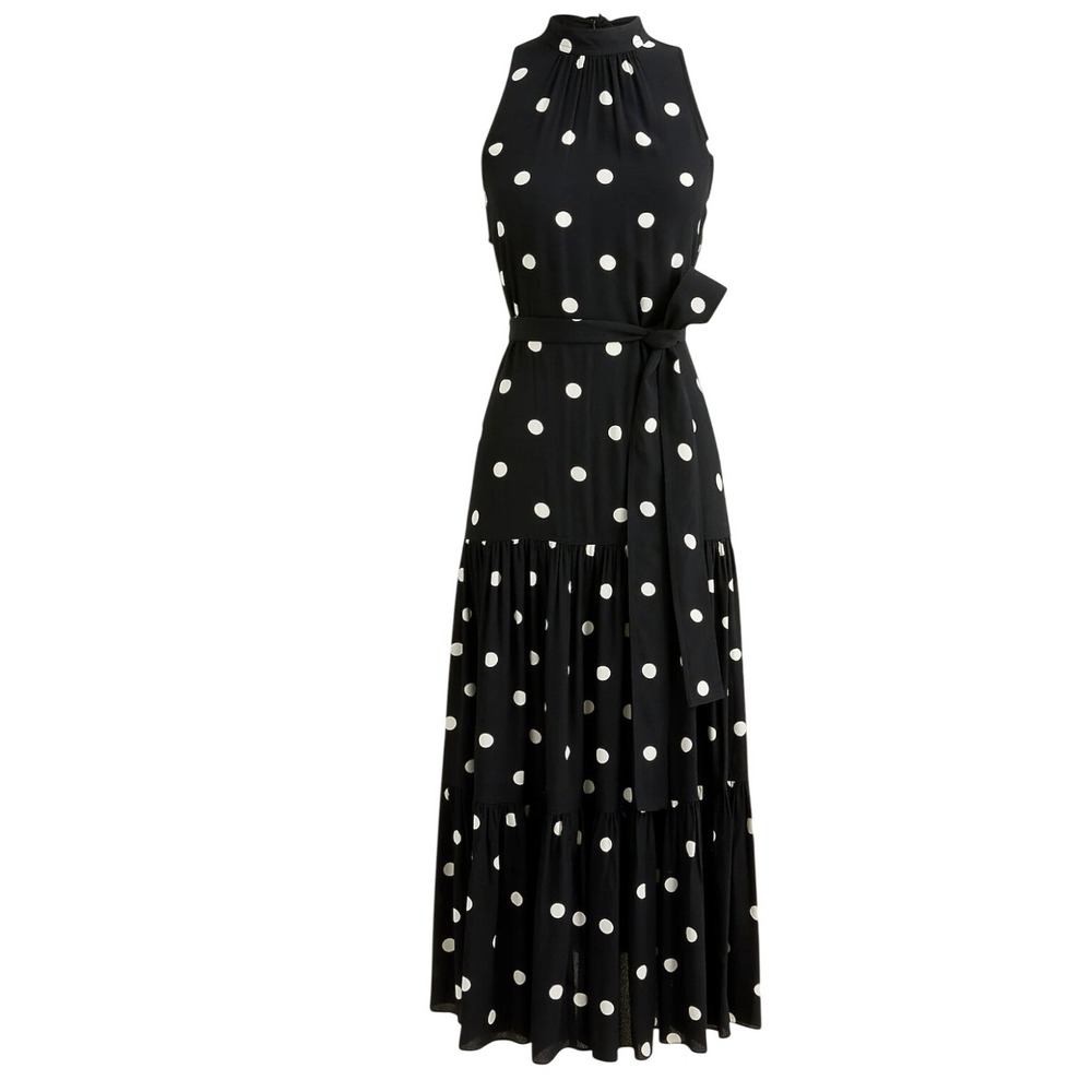 J.Crew Drapey Tiered Midi Dress Black Polka Dot Size 4